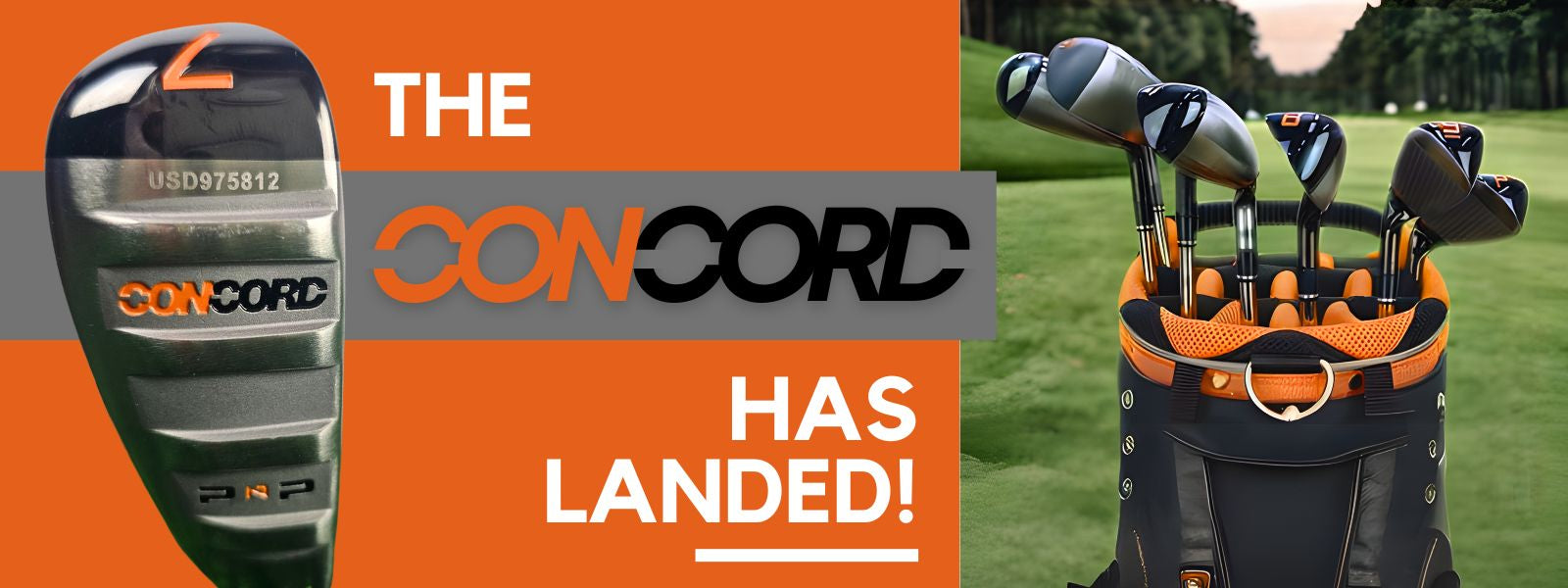Golf club and bag with Concord branding on an orange background