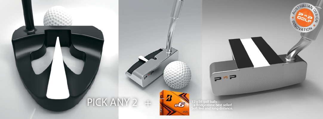 Three PnP Golf putter heads and ball ANY Two Putters by PnP Golf BONUS 12 Bridgestone E6 Golf Balls.