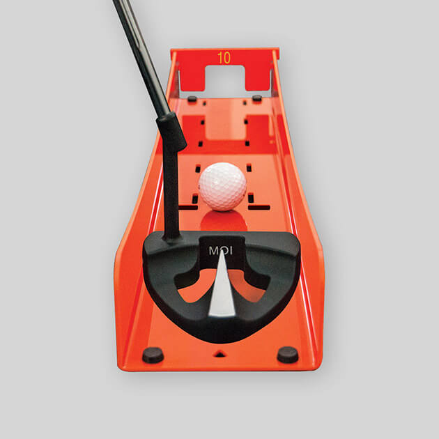 1-Putt Putting Guide by PnP Golf orange putting alignment tray with putter and golf ball for practice