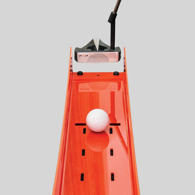 1-Putt Putting Guide by PnP Golf orange putting alignment tray with putter and golf ball for practice