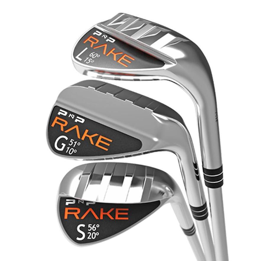 3 RAKE Wedge Combo by PnP Golf - Lob, Sand and Gap. Chrome lob sand and gap wedges with orange RAKE logo on cavity back