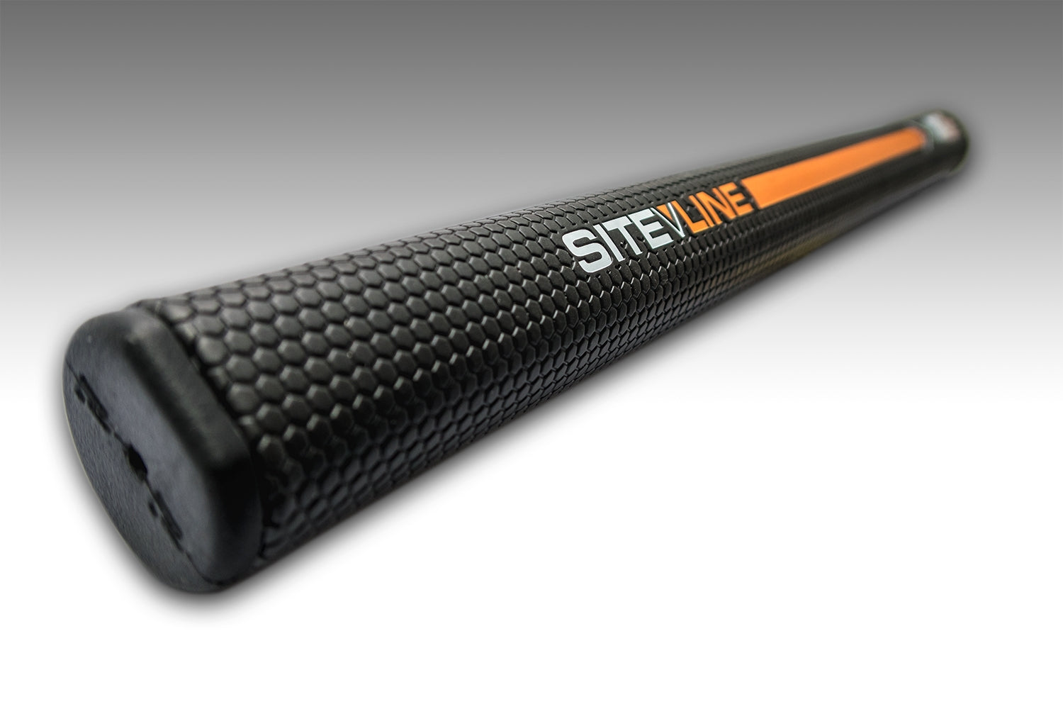 Close up of textured black BIGEzy™ Counterbalanced Putter Grip by PnP Golf showing non slip pattern and orange logo