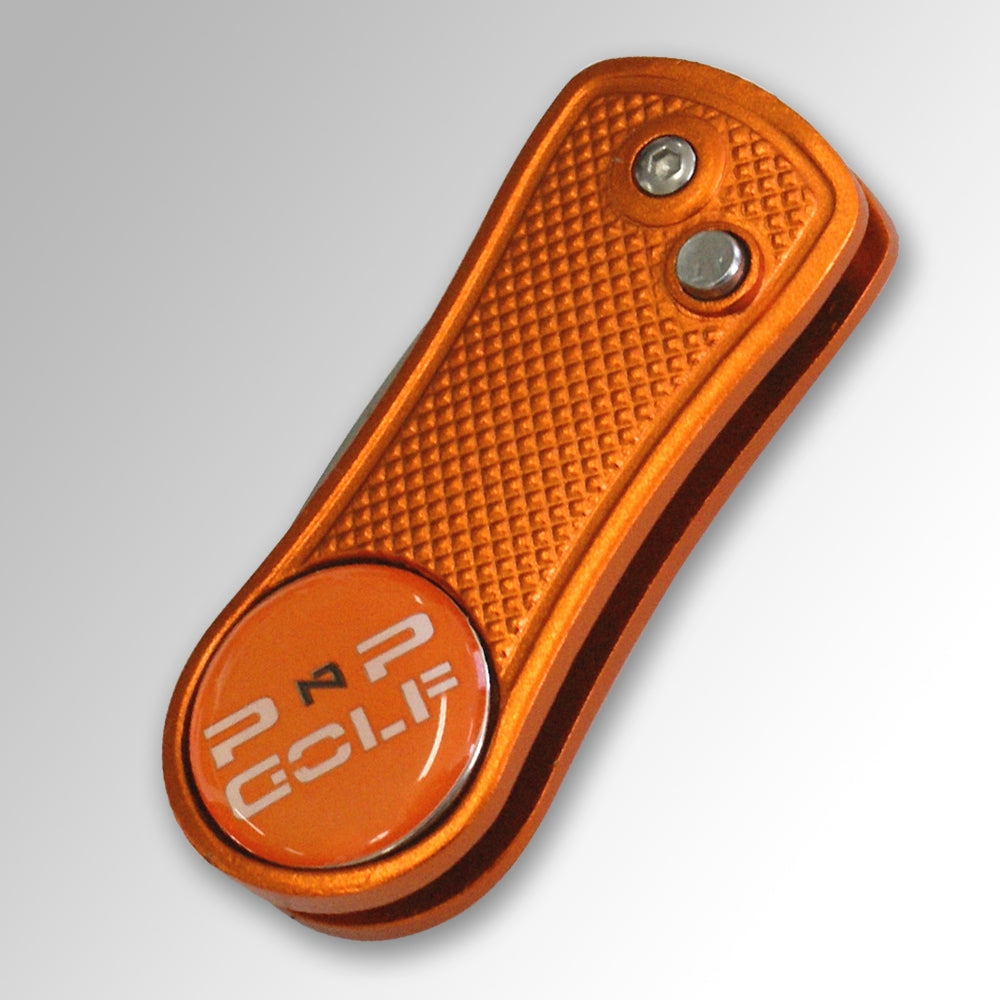 Orange aluminum divot tool with textured grip and magnetic ball marker Divot Repair Tool and Magnetic Ball Marker by PnP Golf.