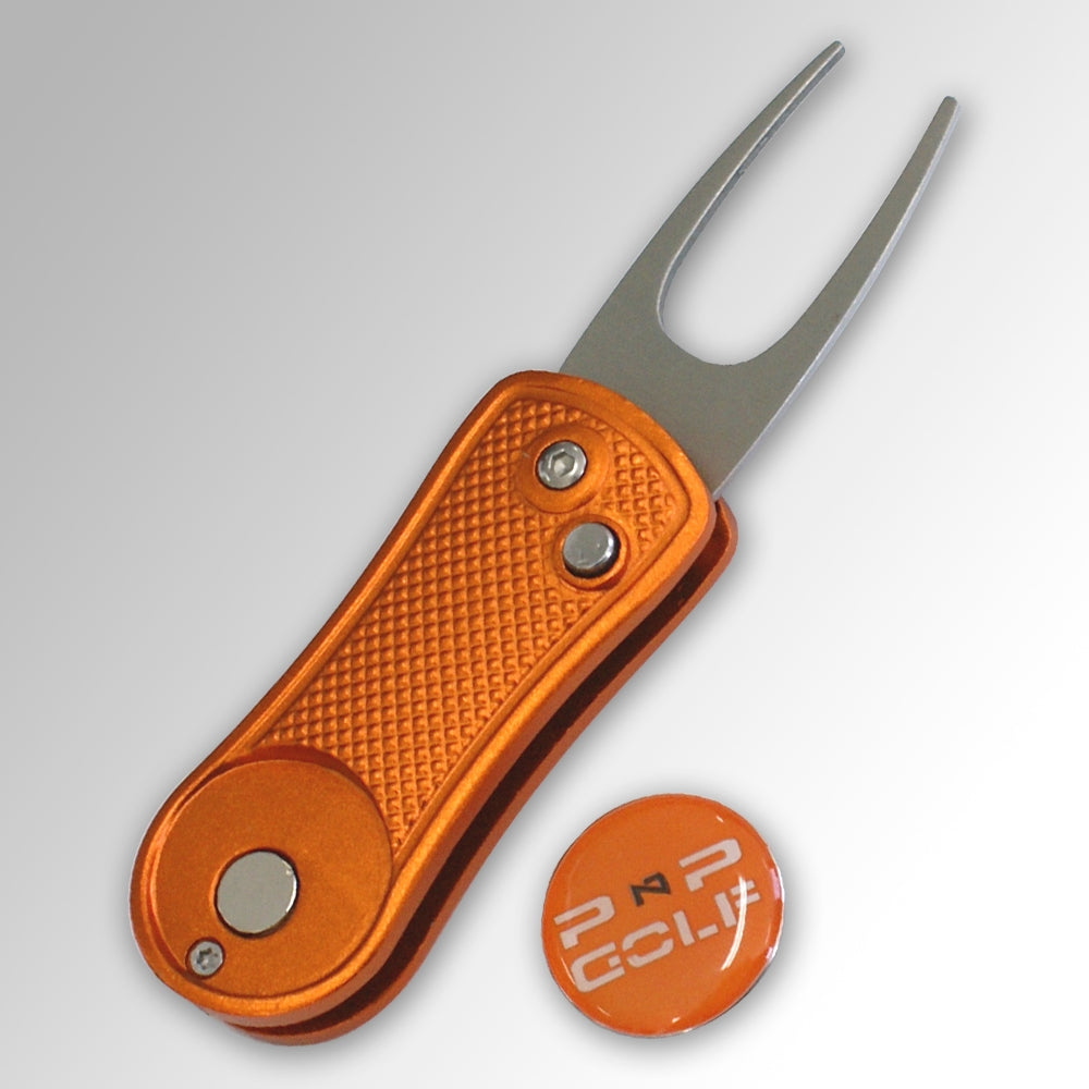 Orange aluminum divot tool with textured grip and magnetic ball marker Divot Repair Tool and Magnetic Ball Marker by PnP Golf.