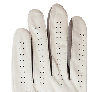 White perforated leather golf glove closeup showing finger vents Leather Nonslip Golf Glove with Magnetic Ball Marker by PnP Golf.