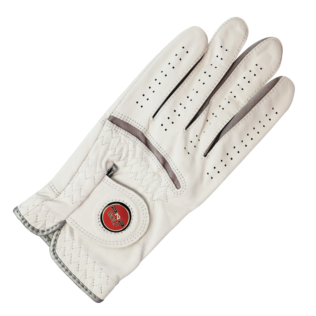 White leather golf glove with magnetic ball marker Leather Nonslip Golf Glove with Magnetic Ball Marker by PnP Golf.