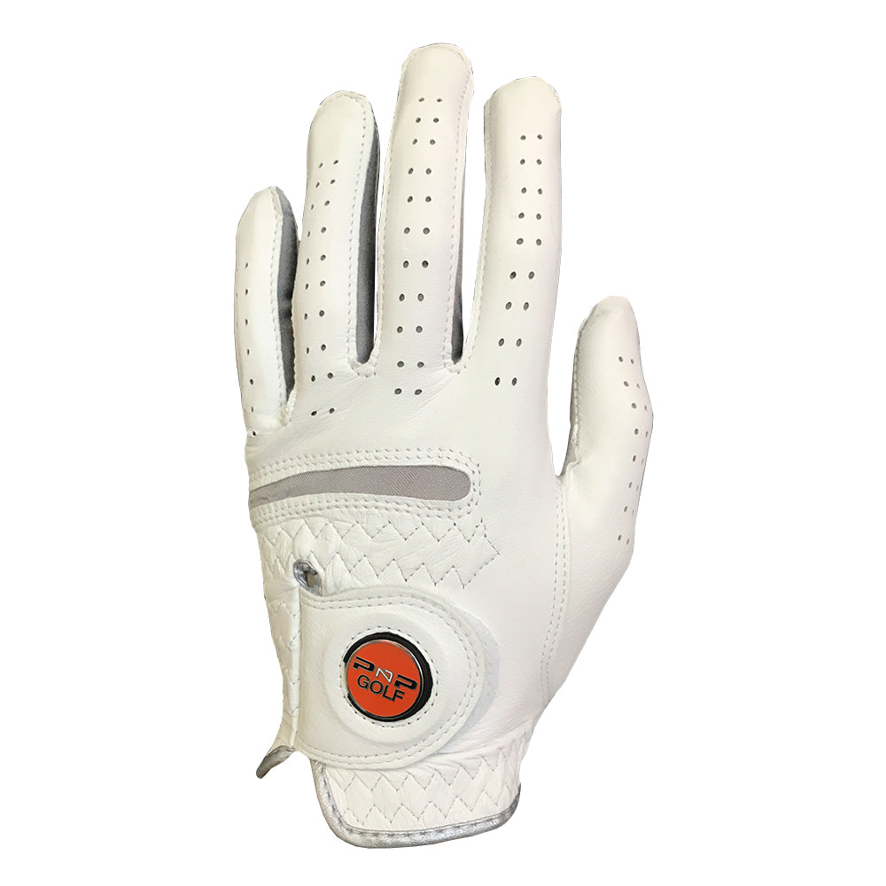 White leather golf glove with magnetic ball marker Leather Nonslip Golf Glove with Magnetic Ball Marker by PnP Golf.
