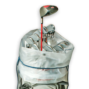 Quik-N-Ezy Golf Bag Rain Guard by PnP Golf covering top of golf bag and clubs in translucent white