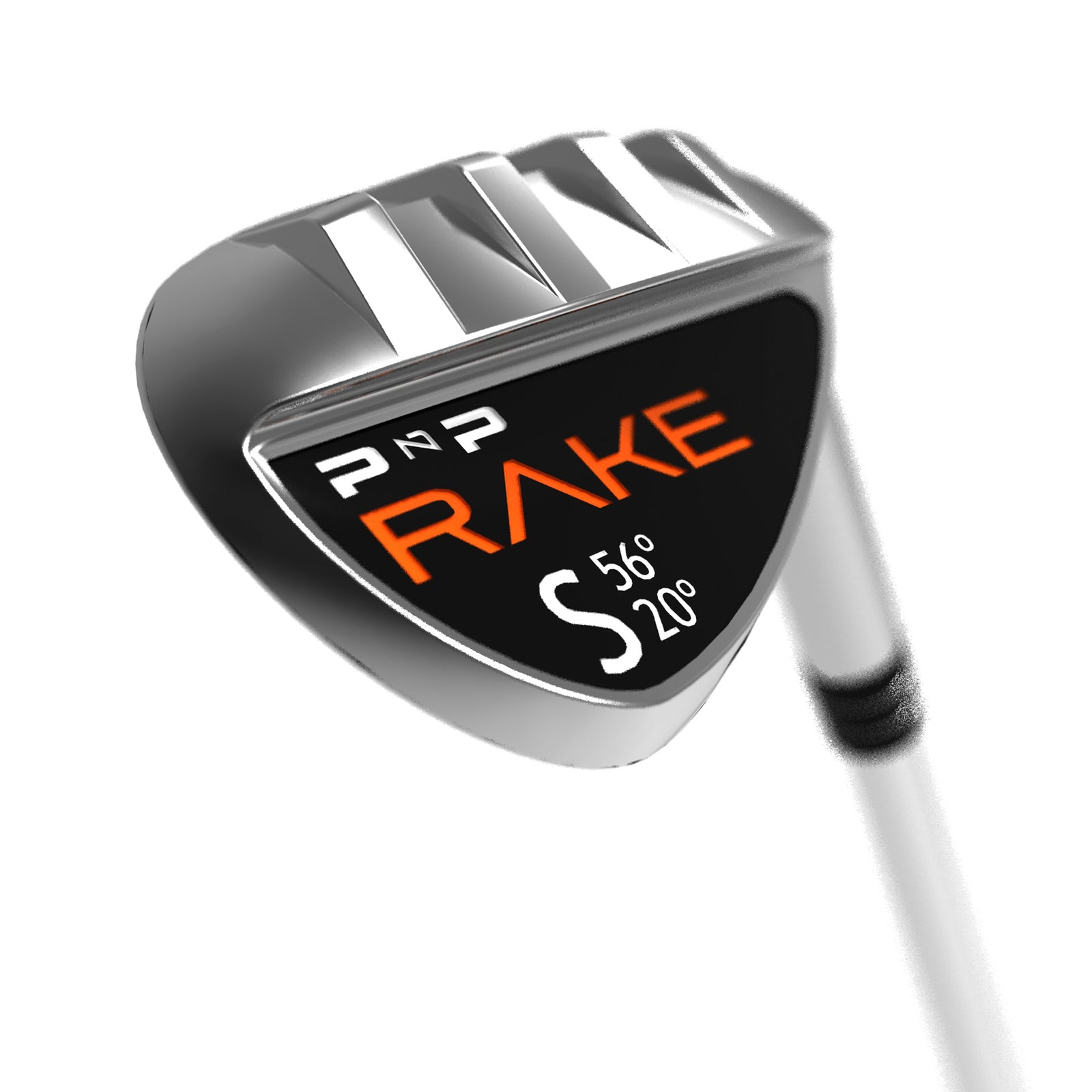RAKE Sand Wedge by PnP Golf chrome sand wedge head close up with black orange logo 56 degrees 20 degree bounce