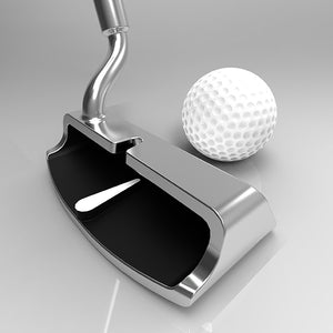 SiteLine Golf Chipper by PnP Golf. Chrome chipper head with black face insert and white alignment line beside golf ball