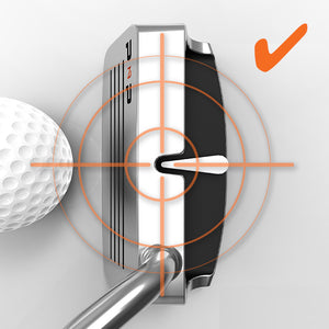 SiteLine Golf Chipper by PnP Golf top view chipper head with center sightline notch and orange target next to golf ball