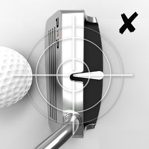 Top down view of chipper head with alignment rings and golf ball showing poor aim SiteLine Golf Chipper by PnP Golf.