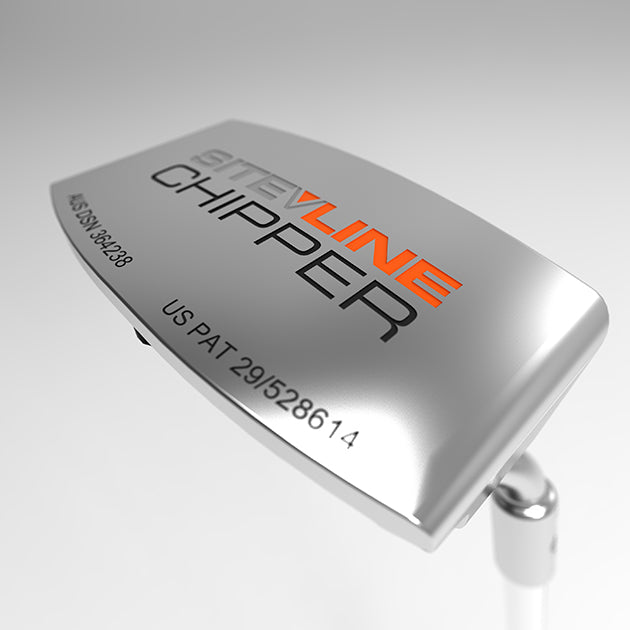 Top down image of SiteLine Golf Chipper by PnP Golf. showing silver mallet head with alignment slot and black insert