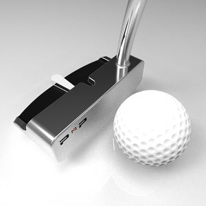 SiteLine Putter and Chipper Combo by PnP Golf. Close up of stainless steel putter head with alignment line and golf ball