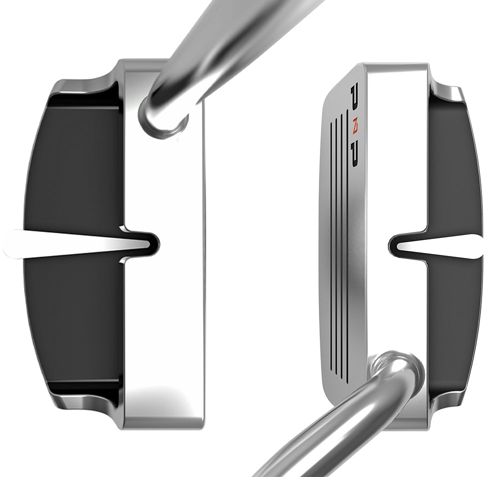 Top and face view of steel putter with alignment sightline and black inserts, SiteLine Putter and Chipper Combo by PnP Golf.