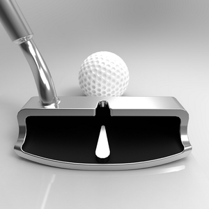 Close up chrome putter head with alignment sight and golf ball SiteLine Putter and Chipper Combo by PnP Golf.