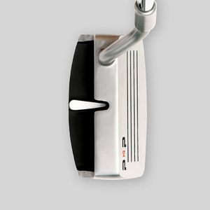SiteLine Putter and Chipper Combo by PnP Golf. Top down view of silver putter head with black insert alignment lines and hosel