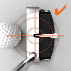 SiteLine Putter and Chipper Combo by PnP Golf. Top down view of black white putter aligning with golf ball and orange sightlines
