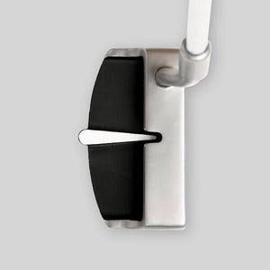 Top view stainless steel putter head with black insert and white alignment line SiteLine Putter by PnP Golf