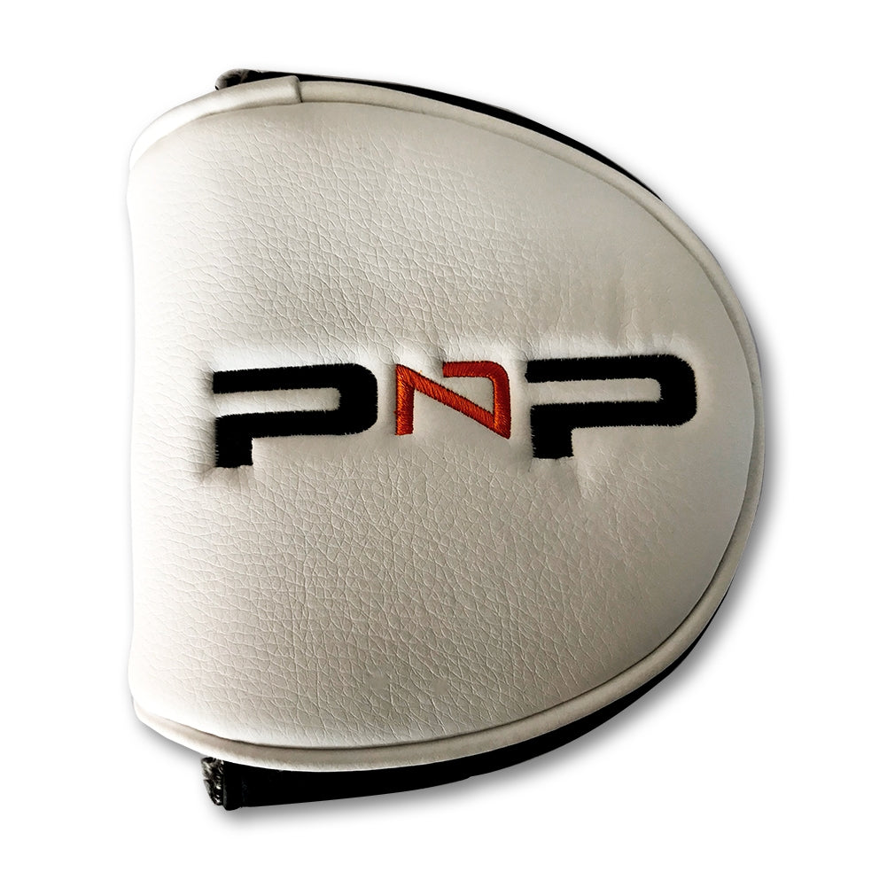 SX1 Point-N-Putt Putter Protective Luxury Head Cover by PnP Golf. white leather mallet putter cover with embroidered PnP logo