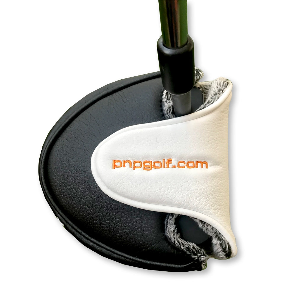 SX1 Point-N-Putt Putter Protective Luxury Head Cover by PnP Golf. white leather mallet putter cover with embroidered PnP logo