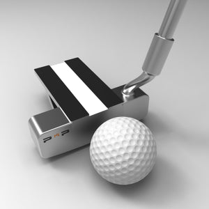 PRL Alignment Putter by PnP Golf silver mallet putter head with black white alignment stripes and golf ball