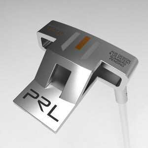 Close up of silver mallet putter head with orange and gray alignment lines and PRL logo PRL Alignment Putter by PnP Golf.