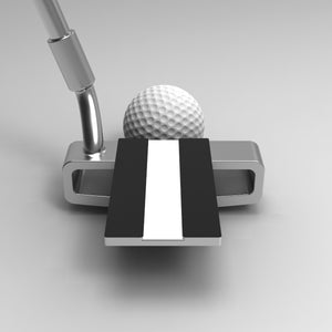 PRL Alignment Putter by PnP Golf showing silver mallet putter head with black white alignment strip and golf ball