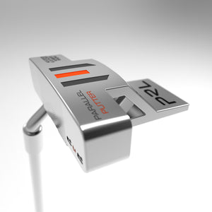 PRL Alignment Putter by PnP Golf silver mallet putter with orange alignment bars and precision heel toe weighting