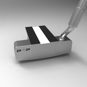 PRL Alignment Putter by PnP Golf stainless steel putter head with black and white alignment stripes and plumber neck