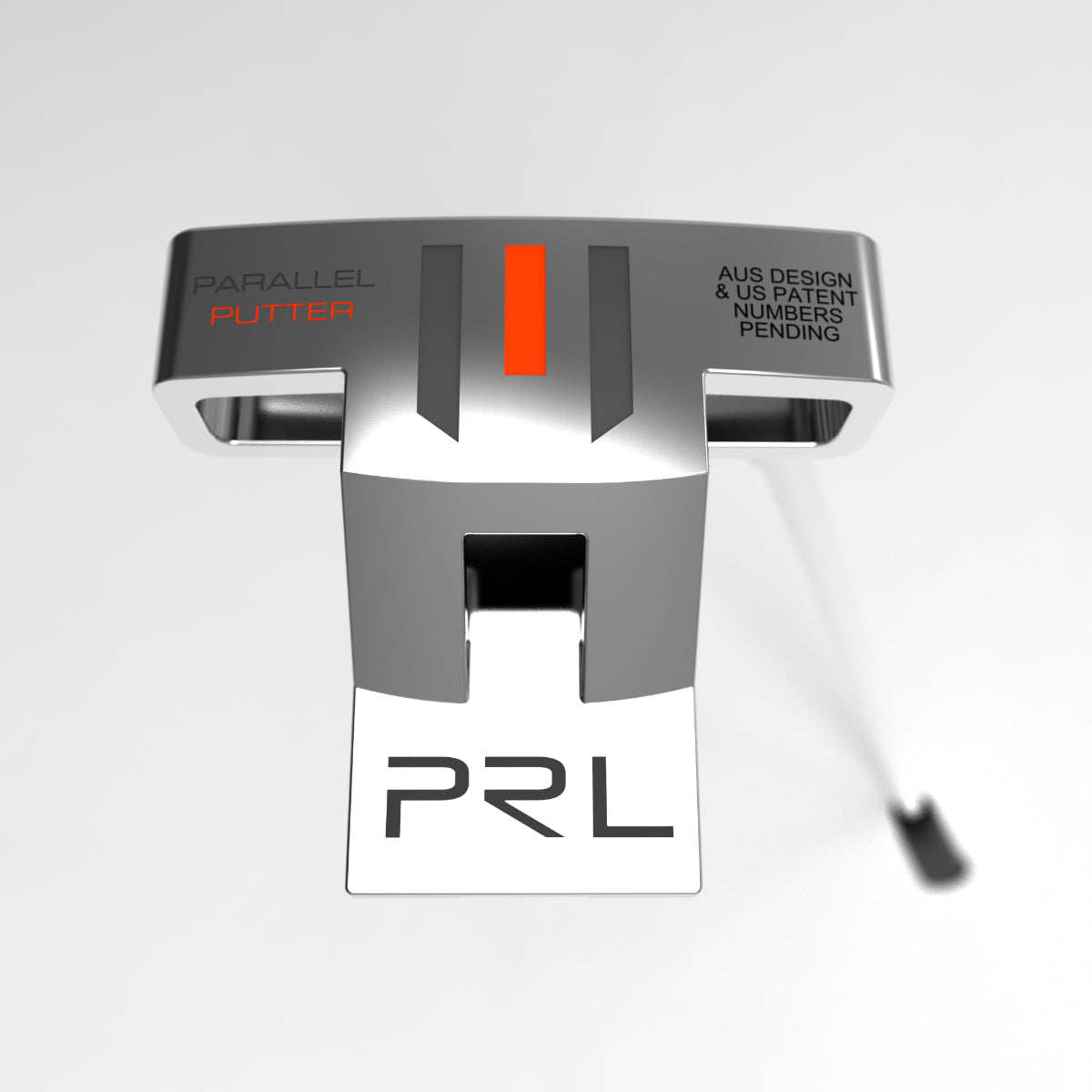 PRL Alignment Putter by PnP Golf stainless steel mallet with bold black white alignment stripes and PnP logo