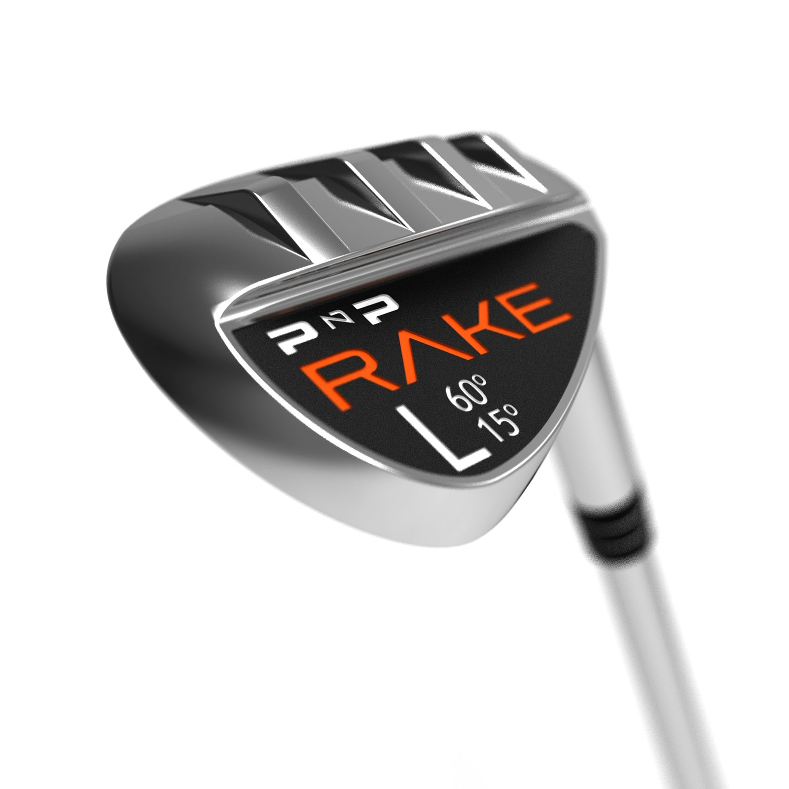 RAKE Lob Wedge by PnP Golf chrome wedge head showing 60 degree loft and sole vents for bunker control