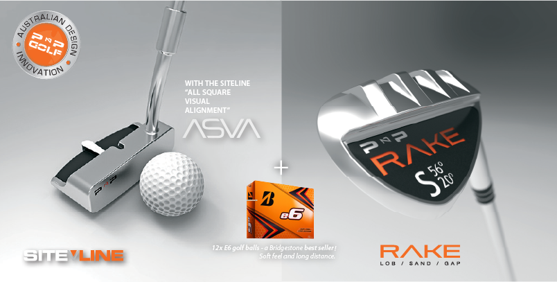 SiteLine Putter and RAKE Sand Wedge by PnP Golf PLUS bonus 12 Bridgestone E6 golf balls. featuring putter wedge ball and box